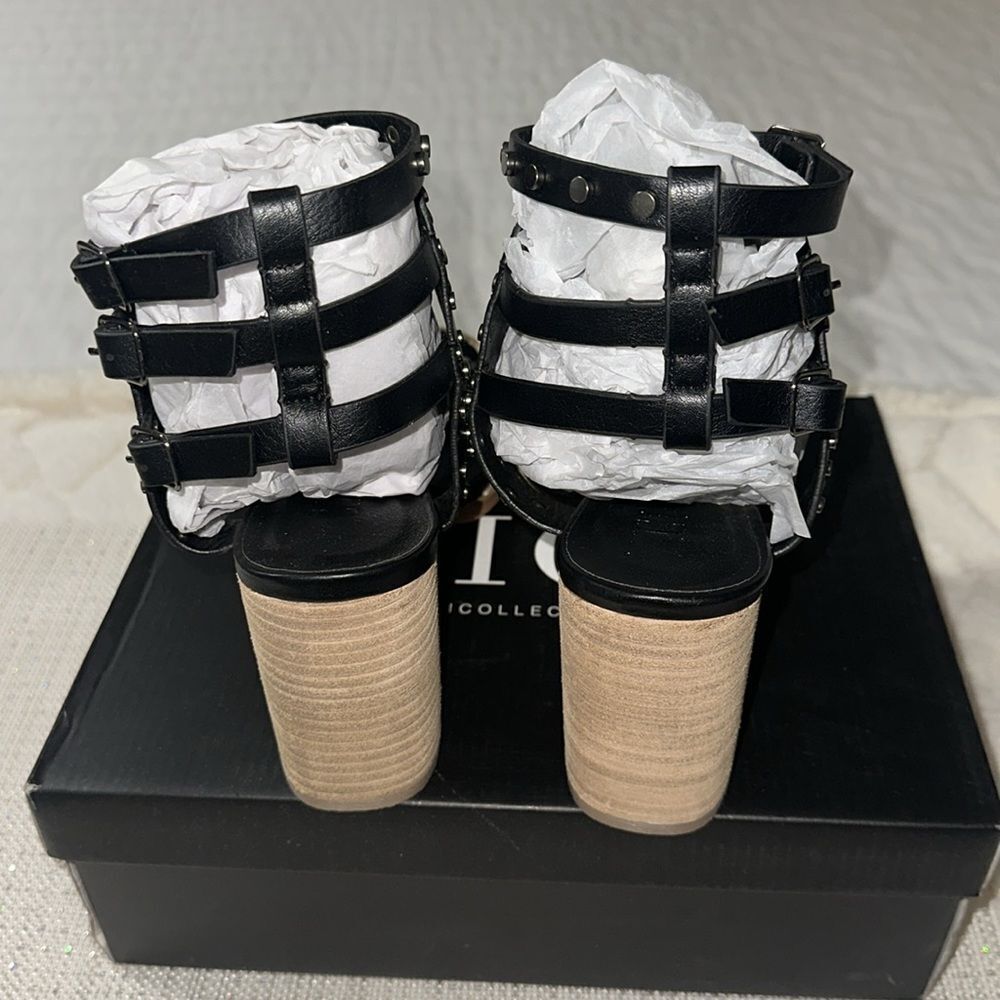 VICI 10 Celeste Black Metallic Studded Block Heel Strappy Multi Buckle Sandal - Picture 6 of 13